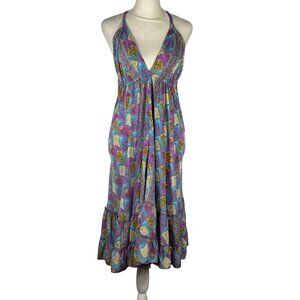 Like new! Free People Silk Boho Halter Maxi Dress – Open Back Tassel Ties Size S